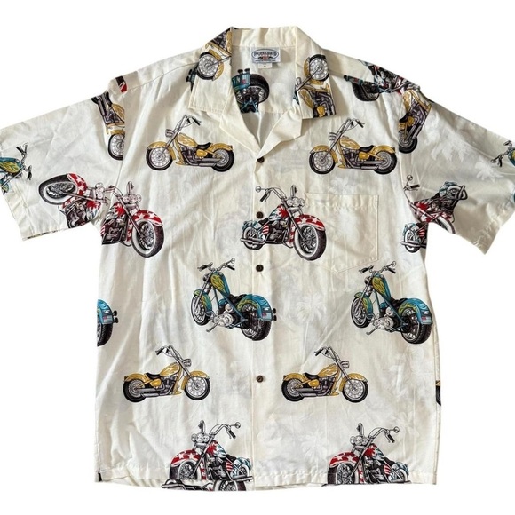 White and Red Casual Button Down Shirt with Motorcycle Print - Picture 1 of 5